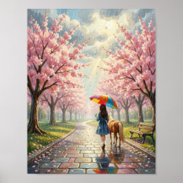 Lente - Meisje met paraplu en pony in regenachtig  Poster