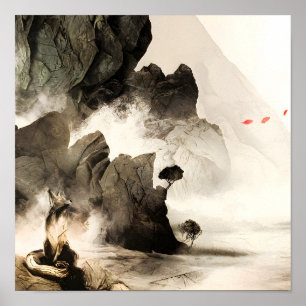 Lente Mystieke Vos Mistige Berg Minimalistische Ze Poster
