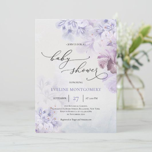 Lente paarse bloemen stoffig blauw bruin Baby Show Kaart (Staand voorkant)