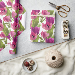 Lente Paarse en Roze Aquarel Tulp Bloemstuk Cadeaupapier