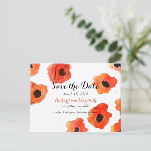 Lente papaverbloemen Weddenschap Bespaar de datum Aankondigingskaart (Staand voorkant)