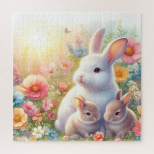 Lente Pasen Konijn Familie Bloem Tuin Legpuzzel