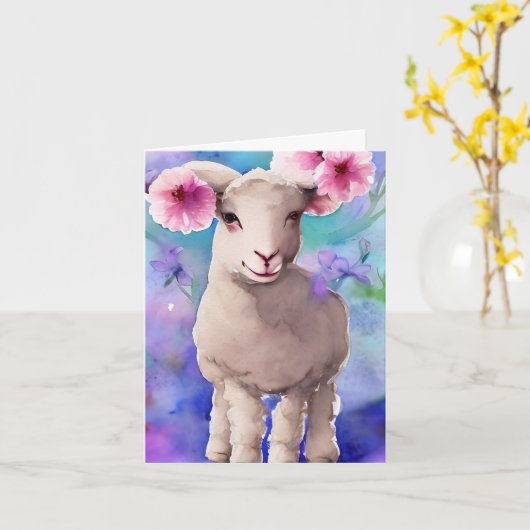 Lente Pasen Lam Bloemrijke Waterverf Kaart (Gele Bloem)