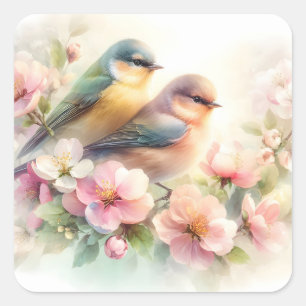 Lente Pastel Zoete Liefdes Vogels Bloesems Bloemen Vierkante Sticker
