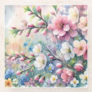 Lente Regen Bloesem Watercolor Cottagecore Glazen Onderzetter