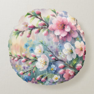 Lente Regen Bloesem Watercolor Cottagecore Rond Kussen