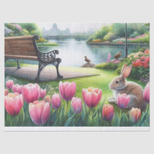 Lente Roze Tulpen en Parkbank Decoupage Tissuepapier