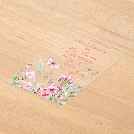 Lente Roze Vlinder Bloemen Huwelijk Acryl Uitnodigingen (Laagn)