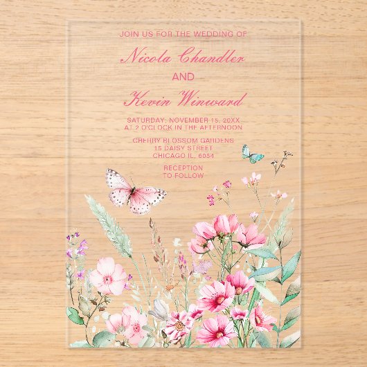 Lente Roze Vlinder Bloemen Huwelijk Acryl Uitnodigingen (Voorkant)