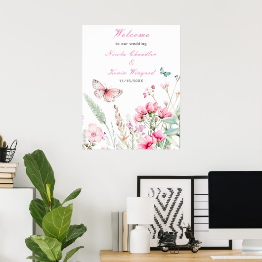 Lente Roze Vlinder Bloemen Huwelijk Poster (Thuiskantoor)