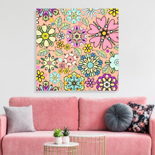 Lente Seizoen Retro Bloem Kleuren Naadloos Patroon Canvas Afdruk