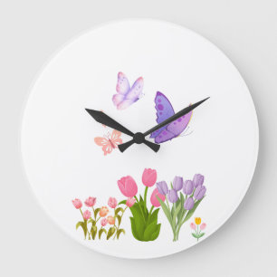 Lente Tuin Vlinder Wandklok – Roze Tulpen & Grote Klok