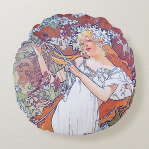 Lente (vier seizoenen), Sierkussen Alphonse Mucha Rond Kussen