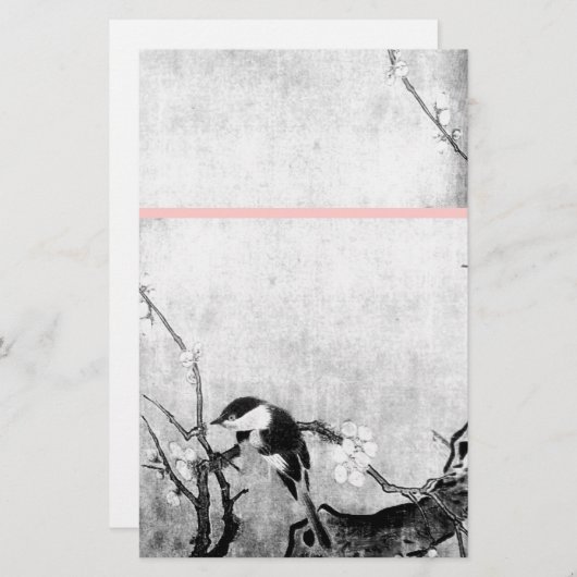LENTE VOGEL EN BLOEMBOOM Zwart Wit Roze Briefpapier (Voorkant / Achterkant)