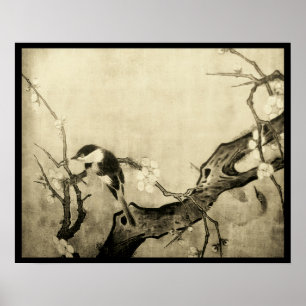 LENTE VOGEL EN BLOEMEN BOOM Bruine Sepia Poster