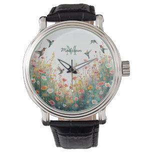 Lente Waterverf Vogels Bloemenkrans Monogram Wilde Horloge