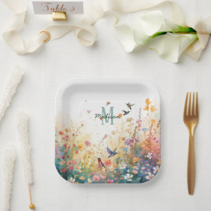 Lente Waterverf Vogels Bloemenkrans Monogram Wilde Papieren Bordje