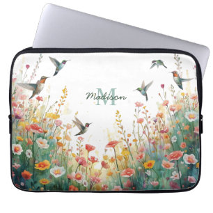 Lente Waterverf Vogels Bloemenkroon Monogram Wilde Laptop Sleeve