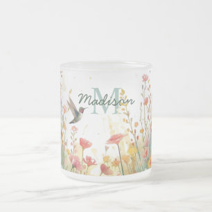 Lente Waterverf Vogels Bloemenkroon Monogram Wilde Matglas Koffiemok
