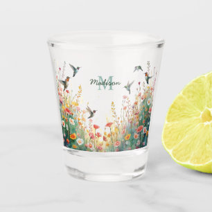Lente Waterverf Vogels Bloemenkroon Monogram Wilde Shot Glas