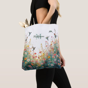 Lente Waterverf Vogels Bloemige Monogram Wilde Blo Draagtas