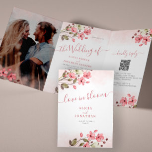 Lente zomer blozen roze bloemen QR RSVP bruiloft Drieluik Uitnodiging