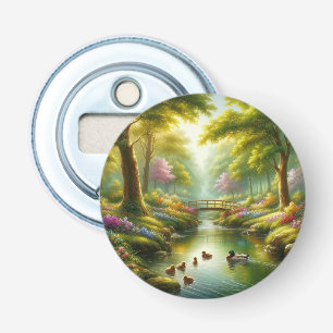 Lentebeek met eenden/bloemen button flesopener