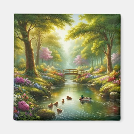 Lentebeek met eenden/bloemen magneet (Voorkant)