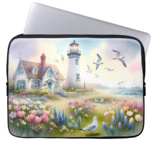 Lentebloemen bij vuurtoren kusthuisje laptop sleeve