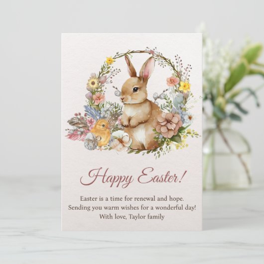 lentebloemen Happy Easter Bunny Feestdagenkaart (Staand voorkant)