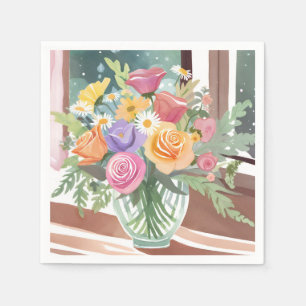 Lentebloemenboeket Waterverf Bloemenvase Servet