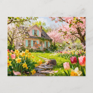 Lentehuisje met bijen, egel en bloeiende briefkaart