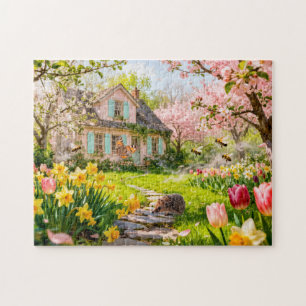 Lentehuisje met bijen, egel en bloeiende legpuzzel