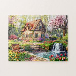 Lentehuisje met Bloeiende Tulpen Legpuzzel
