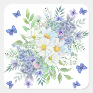 lentemadeliefjes, blauwe bloemen & vlinders vierkante sticker
