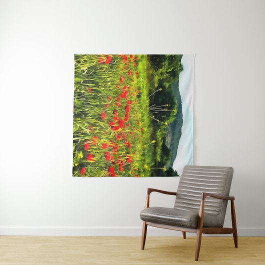 Lentepoppies Meadow en Mountain Landscape Wandkleed (In Situ (horizontaal))