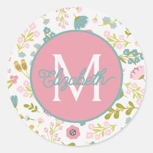 Lentetuin Bloem Monogram Ronde Sticker (Voorkant)