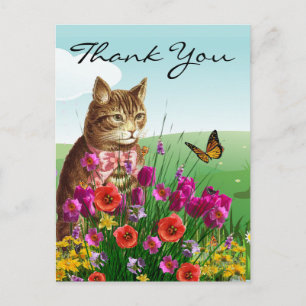 Lentetuin met vintage kat bedankt briefkaart