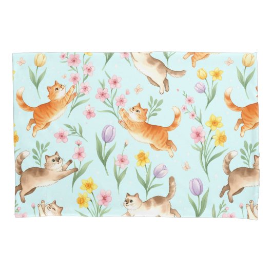 Lentetuinpret – Speelse Katten & Bloesems Kussensloop (Voorkant)