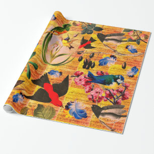 LENTEVOGELS, VEREN, VRUCHTEN Muzieknoten Geel Cadeaupapier