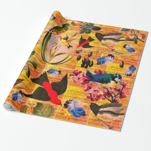 LENTEVOGELS, VEREN, VRUCHTEN Muzieknoten Geel Cadeaupapier (Uitgerold)