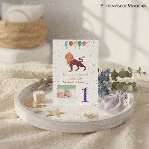Leo First Birthday Gold, ballonnen en foto's Kaart