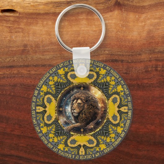 Leo Sign Affirmaties Goudgeel Fractal Mandala Sleutelhanger (Achterkant)