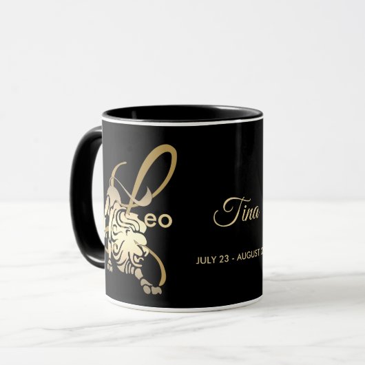 Leo ♌ Zodiac Birthday Sign/Black en Gold Mok (Voorkant links)