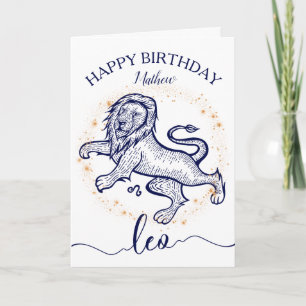 Leo Zodiac Navy & Gold Monochrome Verjaardag Kaart