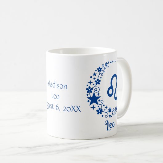 Leo Zodiac Sign Astrology Birthday Blue White Koffiemok (Voorkant rechts)