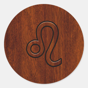 Leo Zodiac Sign in Mahogany wood style Ronde Sticker