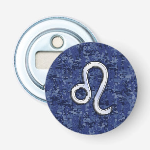 Leo Zodiac Sign on Blue Digital Camouflage Button Flesopener