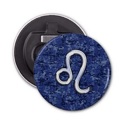 Leo Zodiac Sign on Blue Digital Camouflage Button Flesopener (Voorkant)