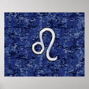 Leo Zodiac Sign on Blue Digital Camouflage Poster